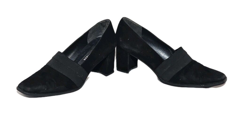 Stuart Weitzman Black Suede Block Heel Pumps Square Toe Elastic Band Size 9M VTG - Picture 5 of 10